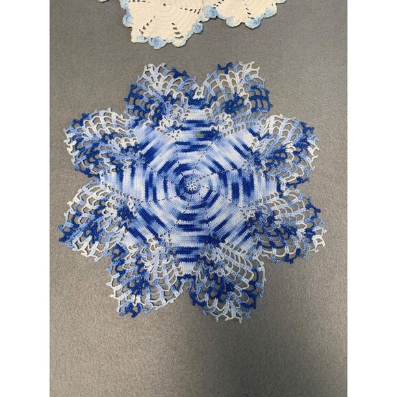 Handmade Crochet Doilies Set Of 2 - Blue & White - Lace Table Decor - Vintage Ho - Picture 2 of 12